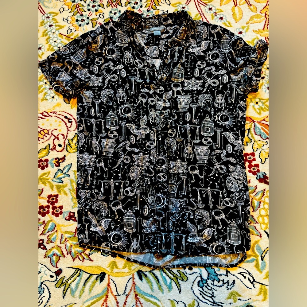 Unique H&M Button up resort shirt - black with white astrology design